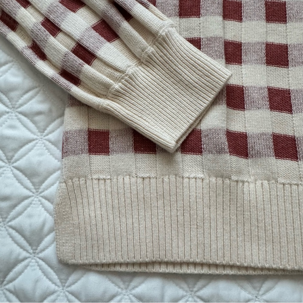 NWT LOFT Gingham Crewneck Pullover Long Sleeve Sweater Beige Rust - Size M - Picture 3 of 12